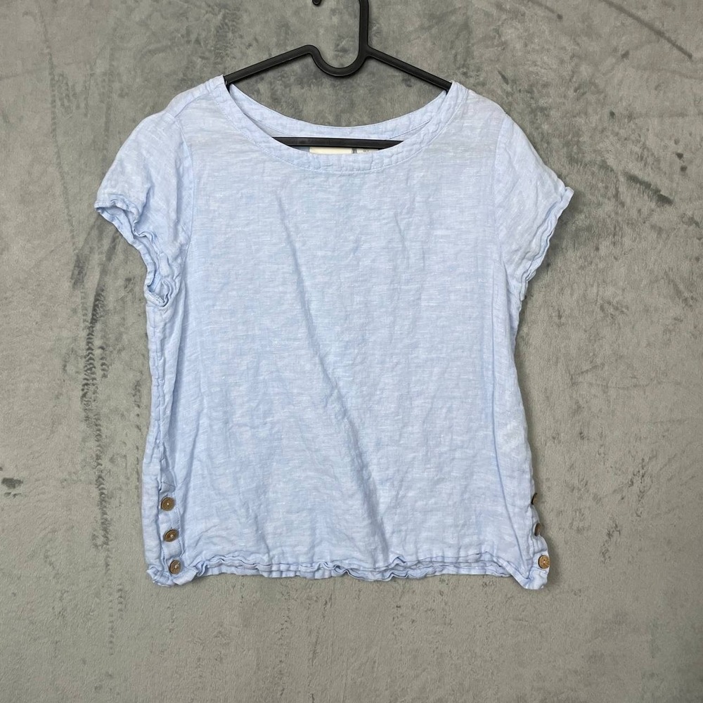Coastal Linen Button Short Sleeve Light Blue‎ Blouse Top Pullover Beachy Small
